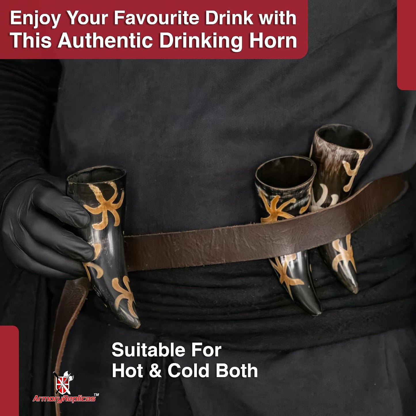 Armory Replicas™ 3-Piece Buffalo Drinking Horn Set – Handmade Natural Horn Cups with Earth Design, Viking Style Mead Ale Wine Cups for Feasts, Parties & Collectors