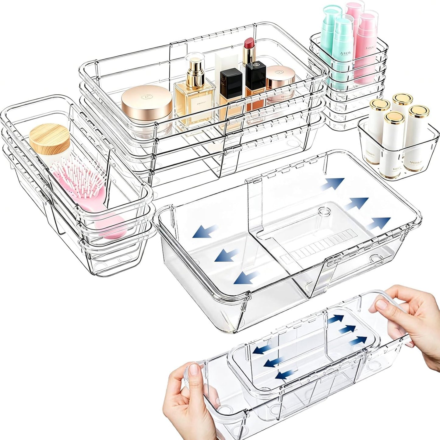 15-Piece Expandable Drawer Organizer Set, Clear 2-Size Bins | 15-piece set, clear expandable bins, 2 sizes, for makeup, vanity, desk and kitchen drawers