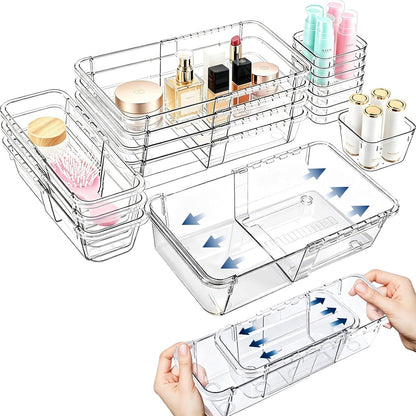 15-Piece Expandable Drawer Organizer Set, Clear 2-Size Bins | 15-piece set, clear expandable bins, 2 sizes, for makeup, vanity, desk and kitchen drawers