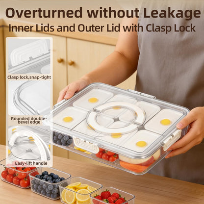 Premium Leak-Proof Snackle Box Container with 8 Clear Compartments & 8 Airtight Lids | Portable Clear Snack Tray with Lid & Handle | Divided Serving Tray for Fruits, Snacks, Sauces, Veggie & More