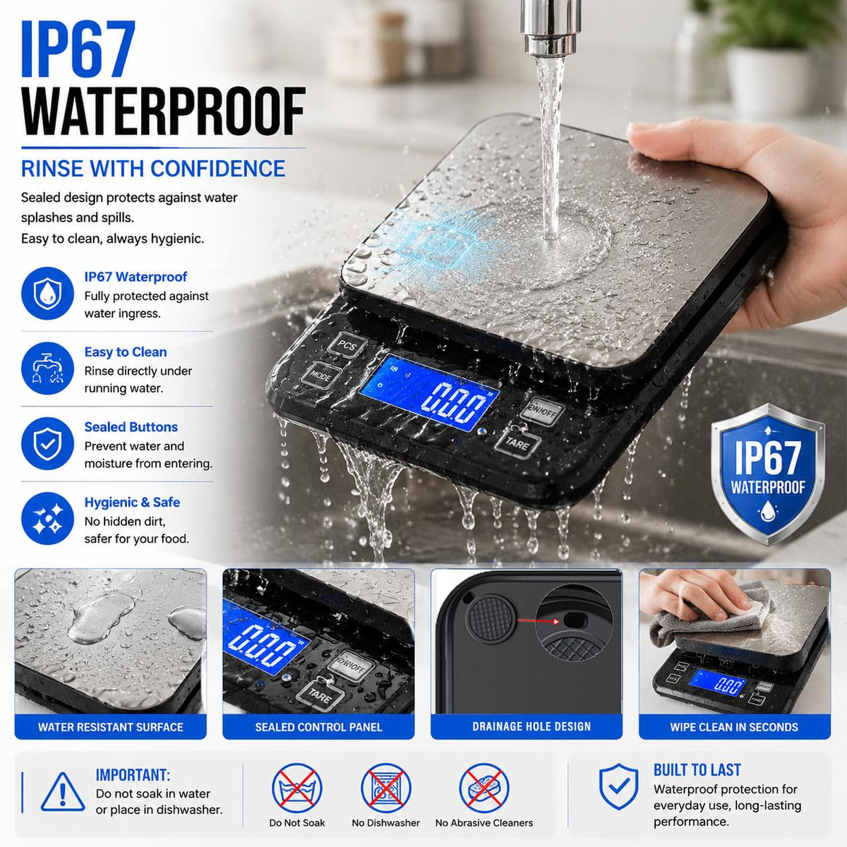 Waterproof Digital Kitchen Scale 0.1g/0.001oz Precision, Stainless Steel Electronic Scale with 3 Power Options (Rechargeable/AAA/Built-in), 10 Units Conversion, Smart Standby, 5kg/11lb Capacity