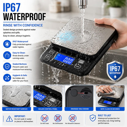 Waterproof Digital Kitchen Scale 0.1g/0.001oz Precision, Stainless Steel Electronic Scale with 3 Power Options (Rechargeable/AAA/Built-in), 10 Units Conversion, Smart Standby, 5kg/11lb Capacity