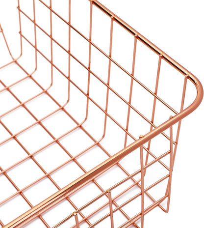 Jucoan 4 Pack Metal Wire Storage Baskets, Rose Gold Wire Baskets with Handles, Pantry Organizer Storage Bins for Kitchen, Freezer, Closet, Laundry Room, Cabinets