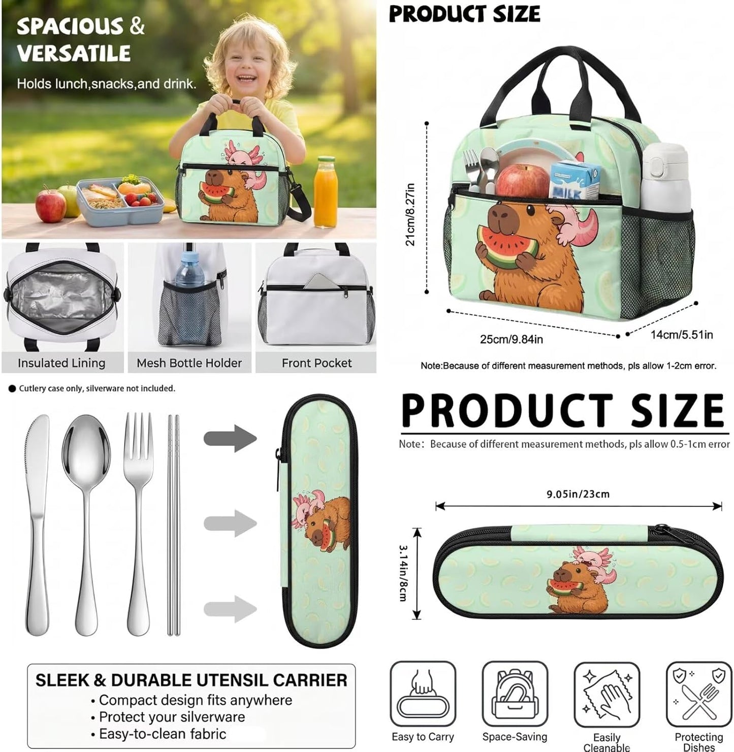 Cute Capybara Pizza Backpack for Girls, 5 Pcs Boys School Bag Set for Kids, 17 Inch Backpacks Lunch Pencil Box Reusable Utensils Case Set for Middle Elementary School, 3rd Grade Backpack