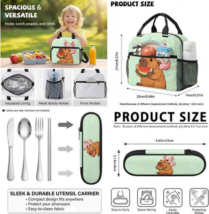Cute Capybara Pizza Backpack for Girls, 5 Pcs Boys School Bag Set for Kids, 17 Inch Backpacks Lunch Pencil Box Reusable Utensils Case Set for Middle Elementary School, 3rd Grade Backpack