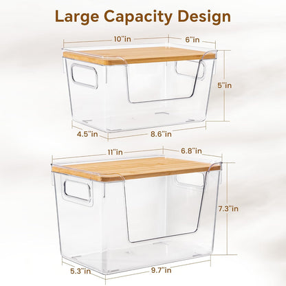 Criusia 2 Set Pantry Organizers and Storage with Bamboo Lids, Stackable Clear Bins for Onion, Potato, Fruit, Vegetables, Trash Bag Dispenser, Kitchen and Under Sink Organizer