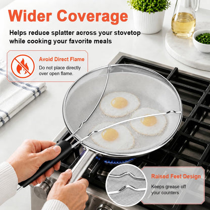 Splatter Screen for Frying Pan 3-Piece Set - Stainless Steel Grease Splatter Guard (13", 11.4", 9.8") - Oil Splash Guard & Fine Mesh Cover for Cooking Bacon