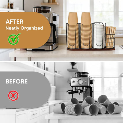 4-Compartment 18oz Coffee Cup Dispenser Rack with Wood Base, Disposable Cup Holder,Cup and Lid Holder with Straw Organizer,for Stirrers Pod Countertop, Plastic Cup Station