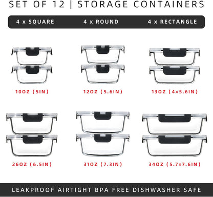 12 Pack Glass Storage Containers with Lids, Leak-Proof Meal Prep Containers, Dishwasher/Microwave/Oven/Freezer Safe Glass Food Storage Containers for Leftovers, to Go