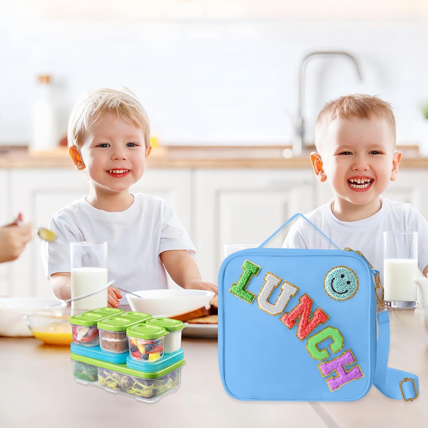 Insulated Lunch Bag With Adjustable Shoulder Strap, Nylon Preppy Lunch Box Large Insulated Lunch Bag Reusable Lunch Tote Bag with Smiley Preppy LunchBag for Girls School Travel Picnic (Green)