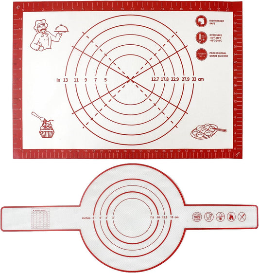 2PCS Non-slip Silicone Pastry Mat and Bread Sling with Measurements Non-Stick & Easy Clean Reusable for Silicone Baking Mat, Counter, Dough Rolling, Oven Liner, Bread Baking Supplies (Red)