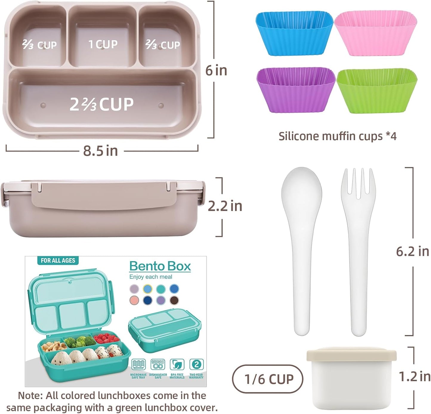 QQKO Bento Lunch Box for Kids Girls Boys, Toddler Kids Lunch Boxes for School, Lunch Containers for Adults with 4 Compartments, Sauce Container, Utensils, Food Picks and Muffin Cups, Purple