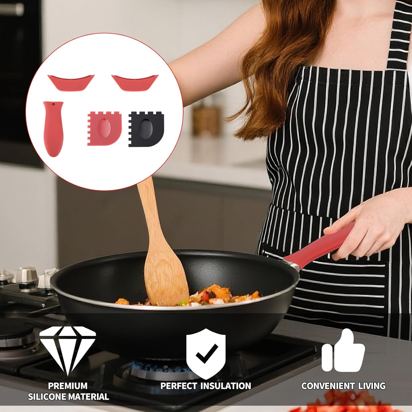 5pcs Silicone Handle Cover for Lodge Cast Iron Skillets, Includes Pan Grip Handle Cover 2 Assist Pot Holder Sleeves & 2 Grill Scrapers Heat Resistant Dishwasher Safe