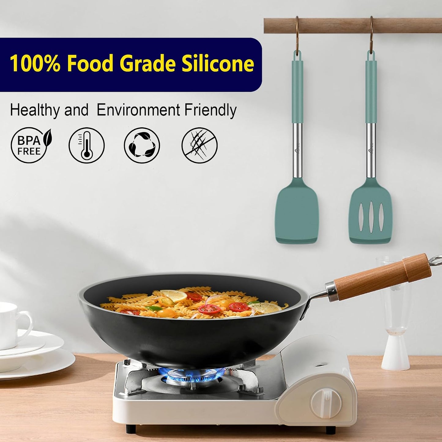 HOTEC Silicone Spatula Set of 2 Heat-Resistant 600°F & BPA-Free Kitchen SaptulaTurner with Stainless Steel Handles, Slotted & Solid Spatulas for Nonstick Cookware, 13.7 Inch, Classic Blue
