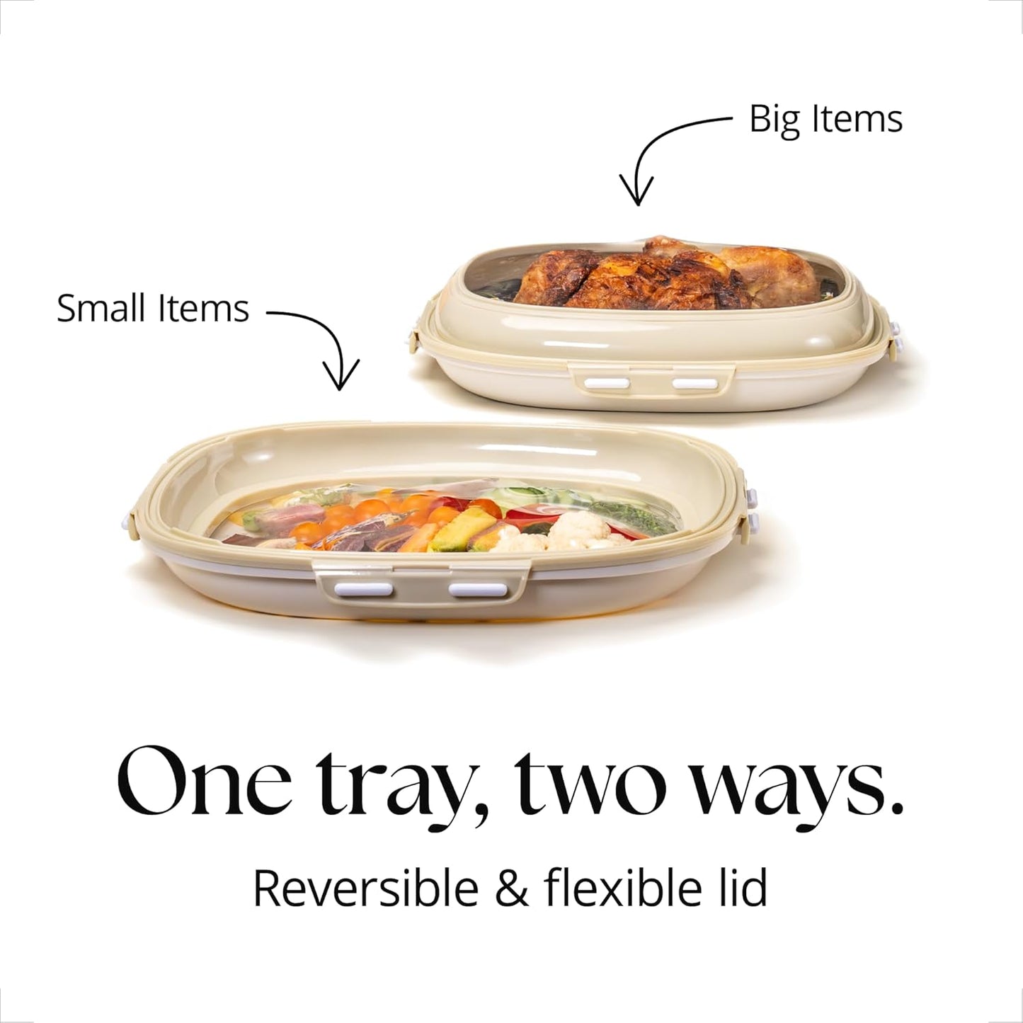 Crudités | Portable Snack Tray | Rectangle 2-Pack | Cream White | Reversible Stretch Lid Food Containers | BPA-Free, Freezer & Dishwasher Safe | Meal-Prep, Charcuterie, Salads, Picnic, Travel