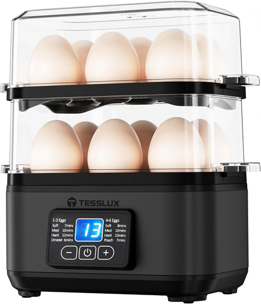 Tesslux Egg Cooker, Dual Layer 12 Egg Boiler, Soft Hard Poached, Black