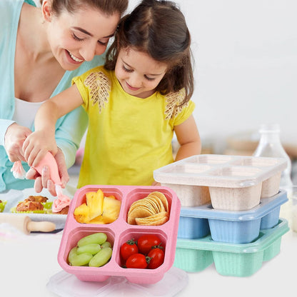 buluker 8 Pack Bento Snack Containers Set， 4 Compartment Food Storage Containers ，Wheat Straw Meal Prep Lunch Box ，Plastic Food Storage container, Microwave and Dishwasher Safe (Bright color)