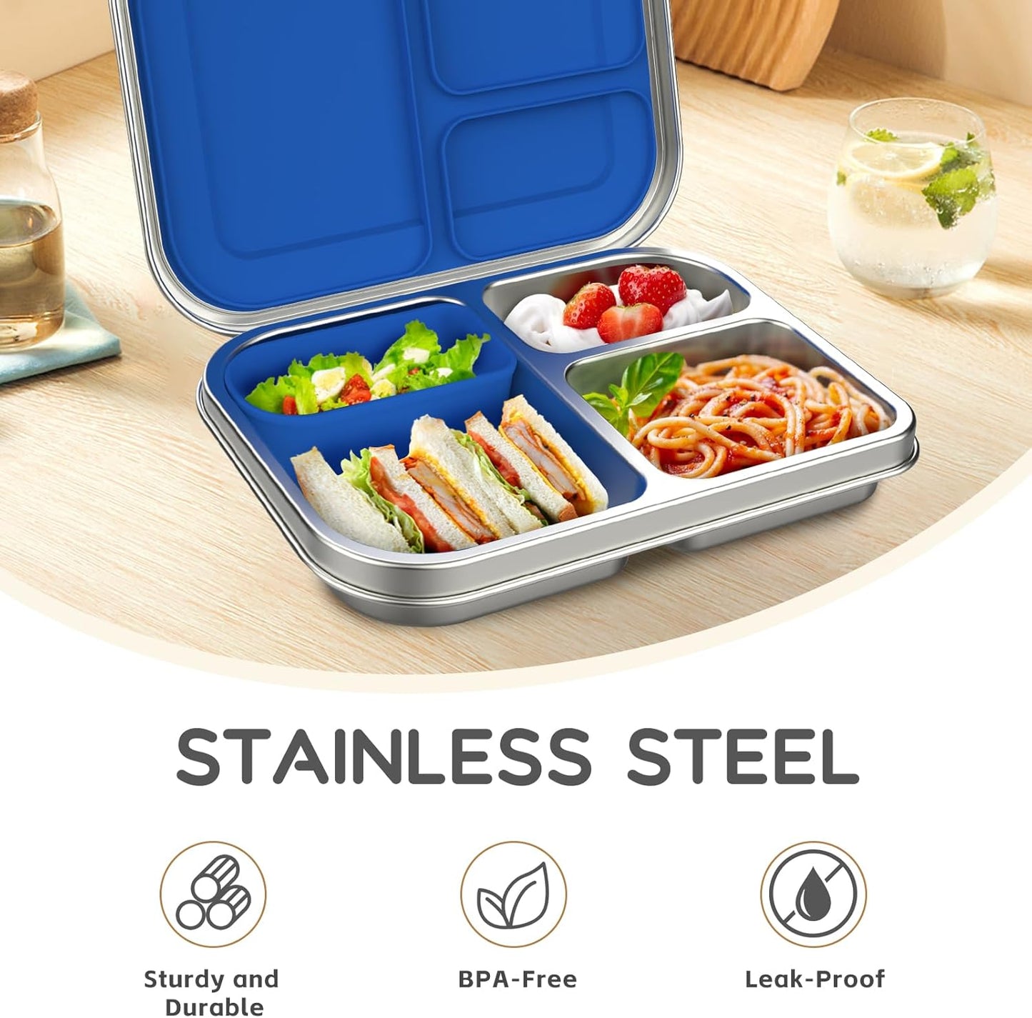BOSEDSANG Stainless Steel Kids Leak-Resistant Bento Lunch Box, 3-Compartments with Silicone Container, Dishwasher-Safe, Child-Friendly Design for School, Picnics & Travel,BPA-Free(Pink)