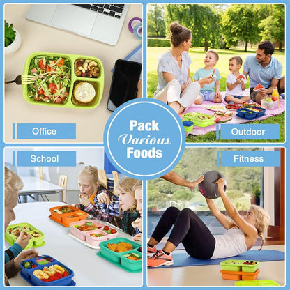 Caperci Bento Lunch Box Containers for Adults & Kids - 3-Compartment Reusable Meal Prep Containers with 2 Sauce Containers for School, Work, Travel, Wheat Straw, 4-Pack (Vintage Colors)