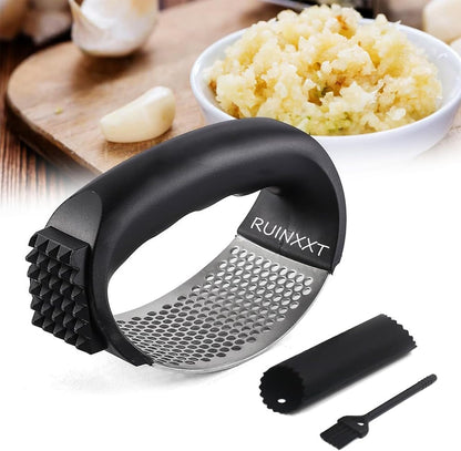 2025 New Upgraded Garlic Press Rocker, Stainless Steel Garlic Press, Garlic Crusher with Peeler and Cleaning Brush, Garlic Chopper for Crush Garlic Kitchen Gadgets, Kitchen Tools (Black)