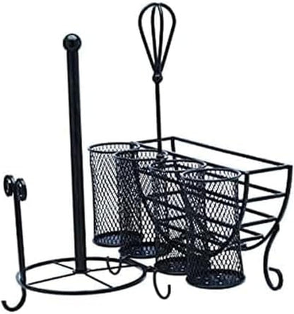 Mikasa Gourmet Basics Avilla Picnic Caddy, Antique Black Finish, Paper Plate Organizer with Flatware Canisters and Paper Towel Spindle, 15 x 14 x 13 in