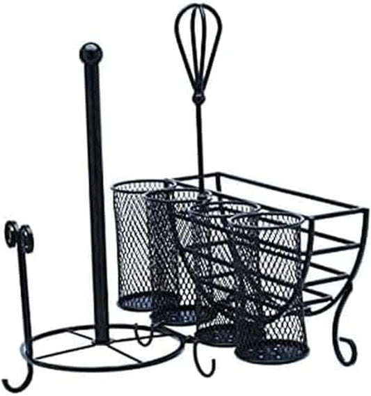 Mikasa Gourmet Basics Avilla Picnic Caddy, Antique Black Finish, Paper Plate Organizer with Flatware Canisters and Paper Towel Spindle, 15 x 14 x 13 in