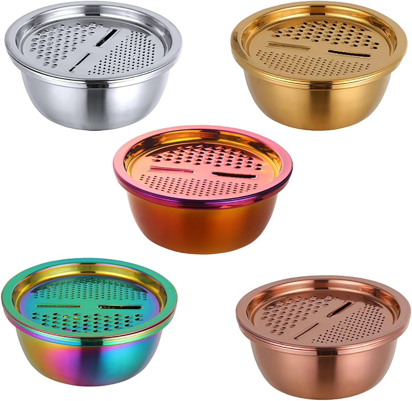 DOCBLACK Colander, 3Pcs Stainless Steel Kitchen Tool 3 in 1 Drain Basket Fruit and Vegetable Cutter Strainer Bowl Set Drain Pot Basket Grater for Fruits Vegetables Rice Washing Mixing - Gold