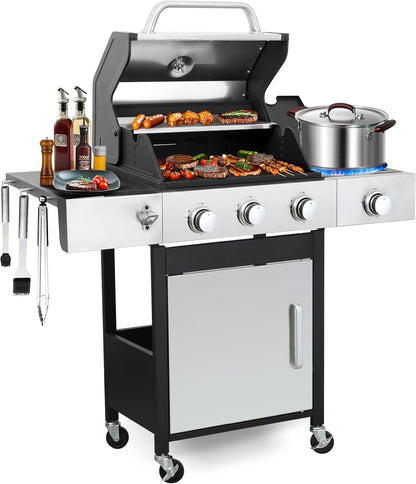 69000 BTU Output Propane Gas Grill with Side Burner and 6 Main Burners - Double-layer Stainless Steel Lid, Cast Iron Grids and Plate, Easy-Clean Grease Management for Perfect BBQs