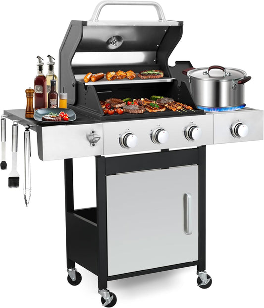 69000 BTU Output Propane Gas Grill with Side Burner and 6 Main Burners - Double-layer Stainless Steel Lid, Cast Iron Grids and Plate, Easy-Clean Grease Management for Perfect BBQs