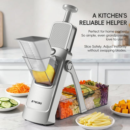 [7 in 1 ] Vegetable Slicer for Kitchen, Safe Mandoline Slicer, Adjustable Veggie Potato French Fry Cutter, Wider Tray & Stainless Steel Grater & Filter Basket & Lid & Cleaning Brush (Gray Pro)