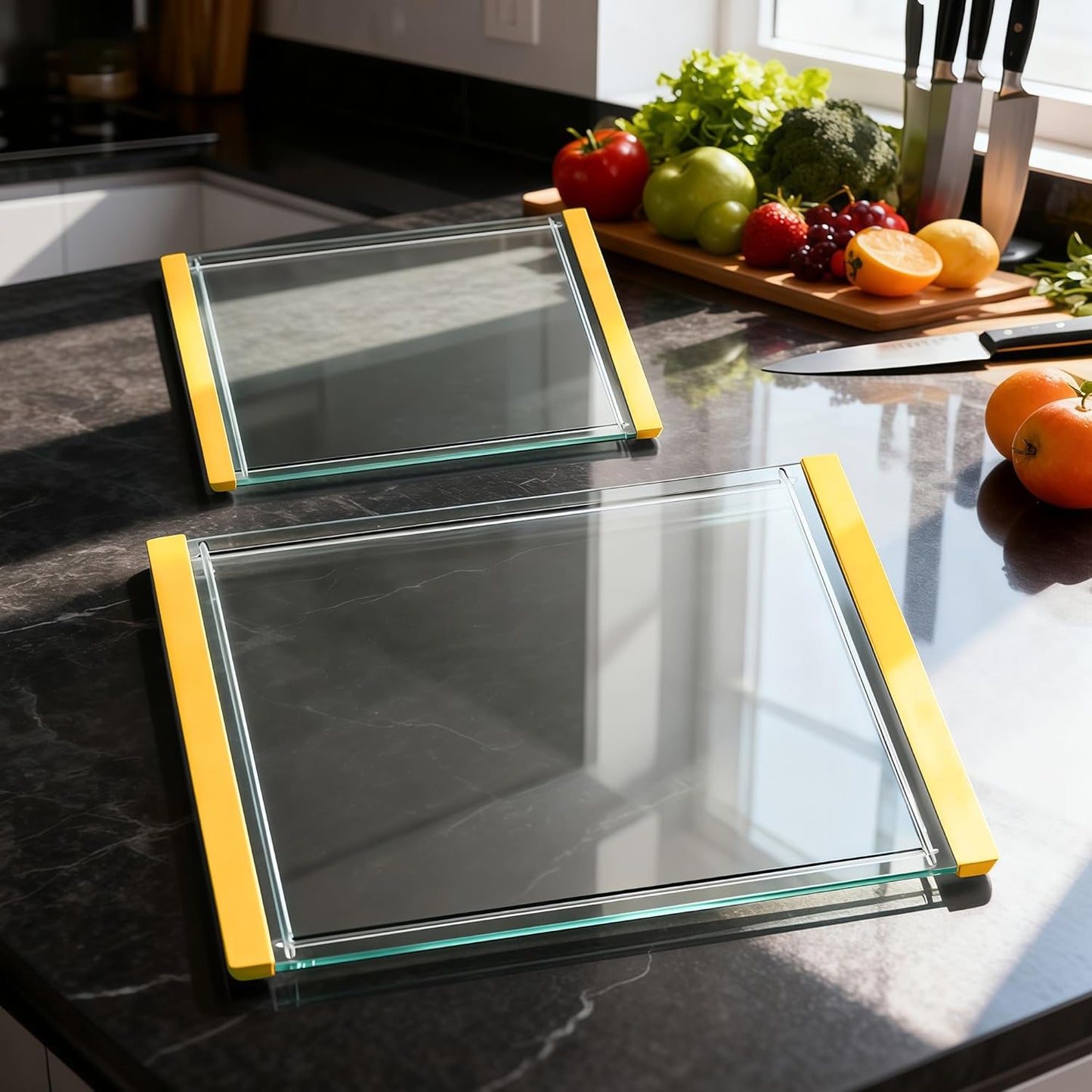 Tempered Glass Cutting Board Set for Kitchen Counter - Dishwasher Safe with Juice Grooves, Non-Slip Silicone Edges & Beveled Grip - 16"x12" & 12"x8" Serving Tray (Blue)