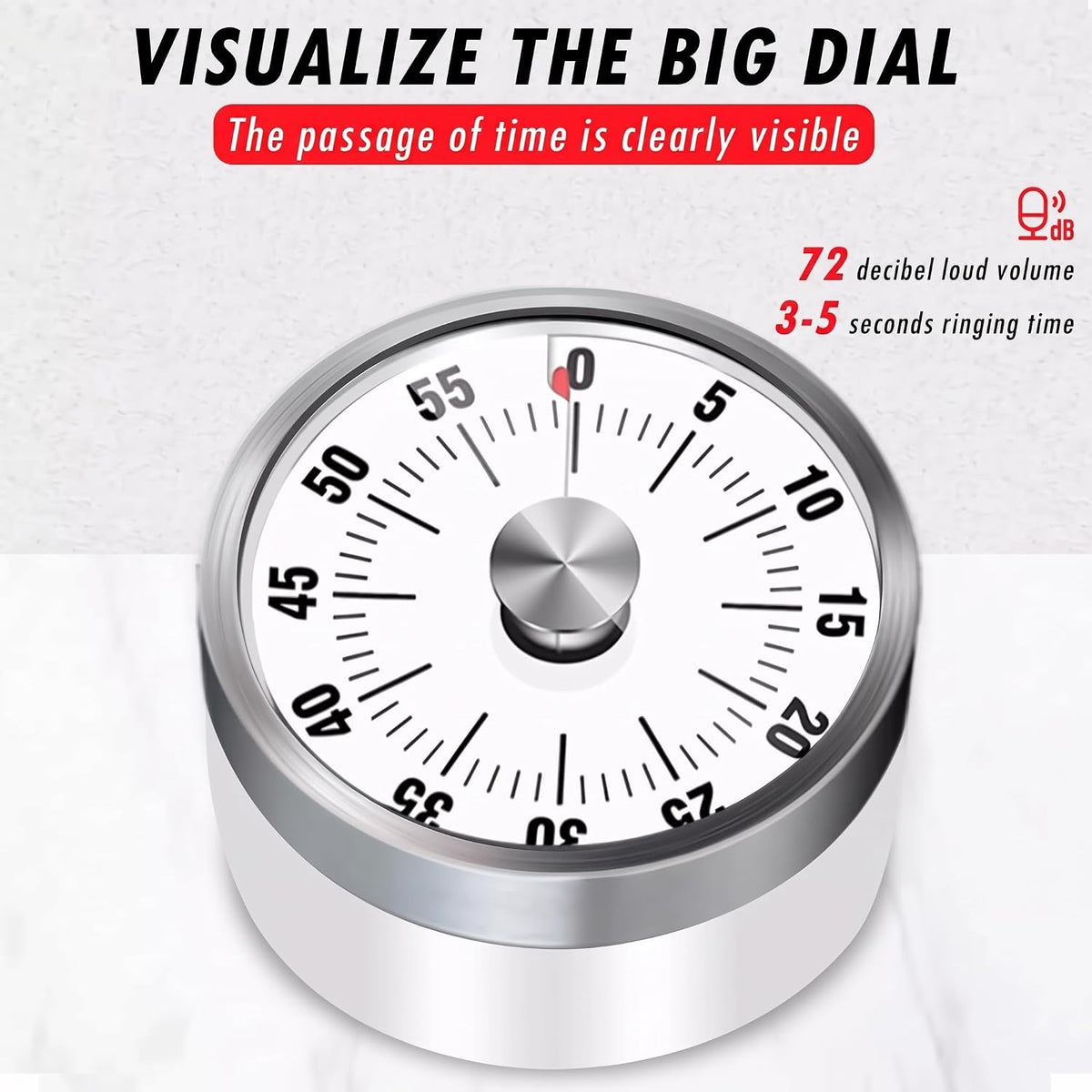 Visual Kitchen Timer for Cooking and Kids with Loud Alarm, No Batteries Required, Classroom Timers for Desk, Mechanical Desk Timer, Magnetic Egg Timer for Study, Chef Clock, Stainless Steel Timer
