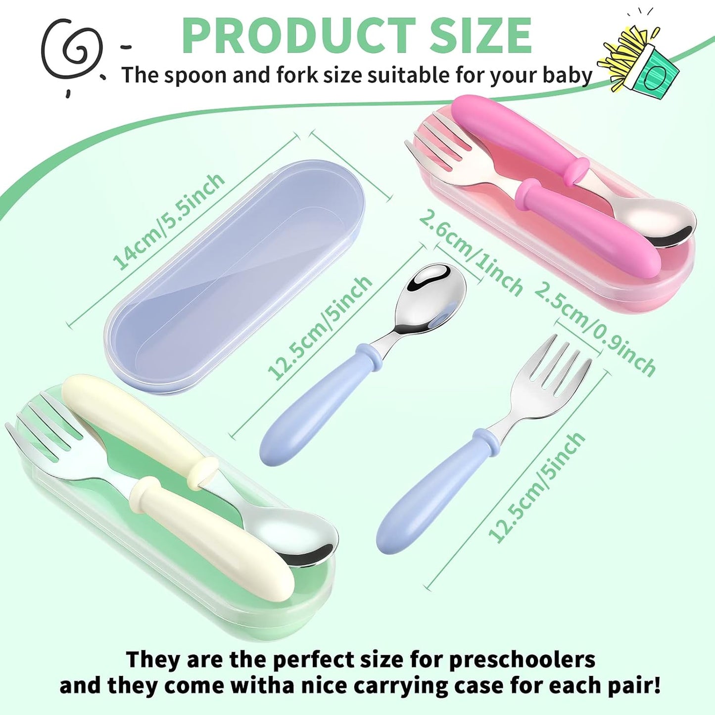Patelai 9 Pcs Toddler Utensils with Case Stainless Steel Fork and Spoon Set Safe Baby Silverware Children Flatware Kids Cutlery with Round Handle for Lunchbox, Dishwasher Safe(Blue, Green, Pink)