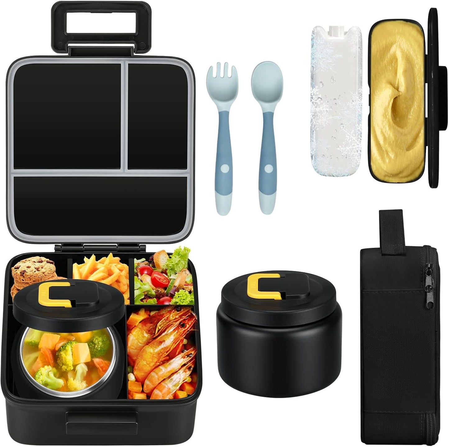 MAISON HUIS Bento Lunch Box with 8oz Soup Thermo and Insulated Lunch Bag, Kids Leakproof Lunch Food Containers with 5 Compartment, Boys Girls Thermo Hot Food Jar for Travel, School, BPA Free (Black)