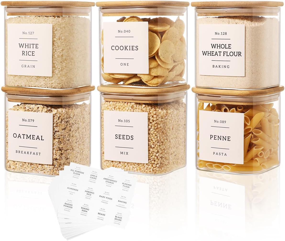 2 Pack large Square Glass Flour and Sugar Containers with 132 Kitchen Pantry Labels - 149 floz & 71 floz - Glass Jars with Airtight Bamboo Lid - Glass Rice Canisters for Coffee, Pasta, Cookie, Cereal