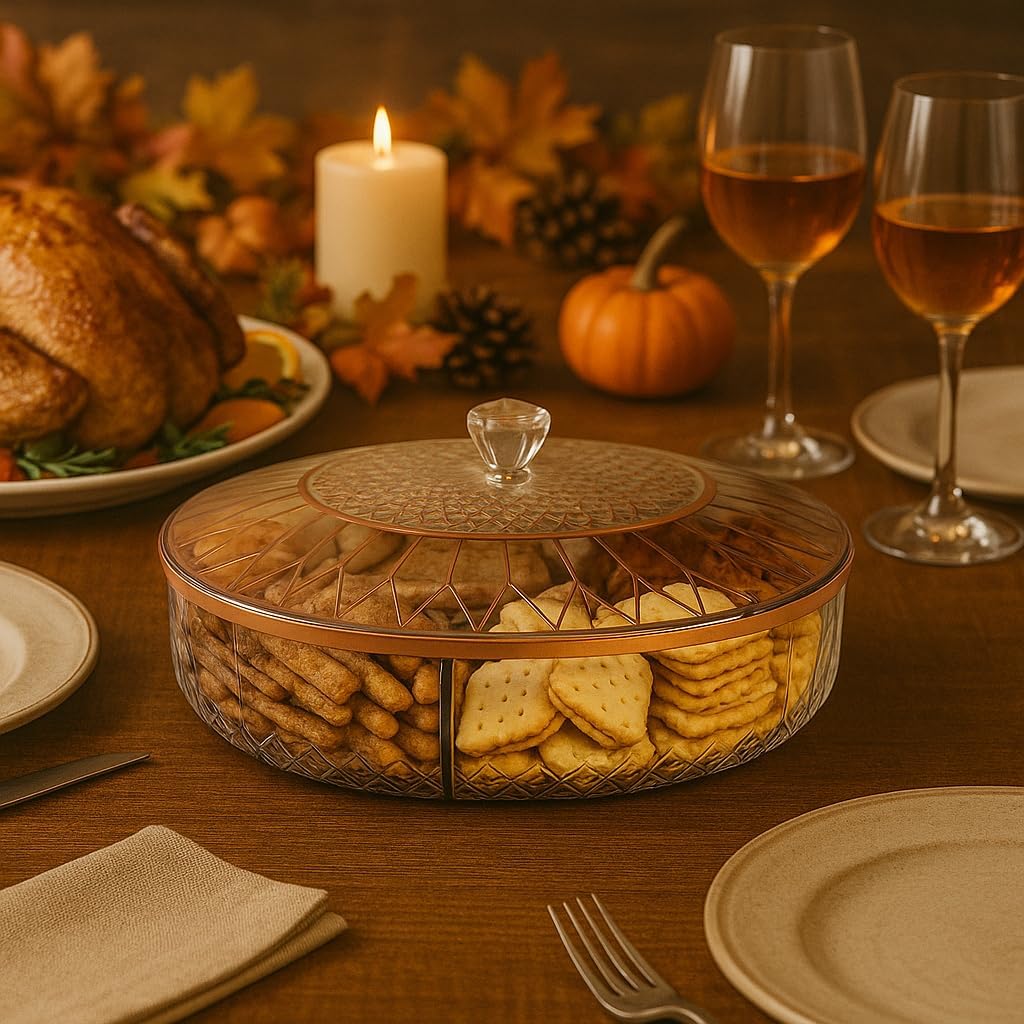 Clear Divided Snack Serving Tray with Lid – 6-Compartment Party Platter with Rose Gold Accent Lines for Candy, Fruit, Nuts, Chips, Appetizers & Desserts