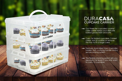 Cupcake Carrier, Cupcake Holder | Premium Upgraded Model Holds Cupcakes Steadier | Store up to 36 Cupcakes or Muffins | Stacking Cupcake Storage Container | Use 1,2, or 3 Tiers (White)