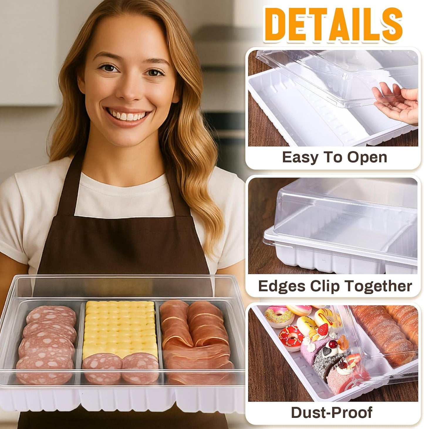 Shellwei 5 Pack Extra Large Charcuterie Board with Lid 15 x 10 Inch 3 Section Divided Catering Trays with Lids Large Disposable Travel Catering Serving Trays Platter (White)