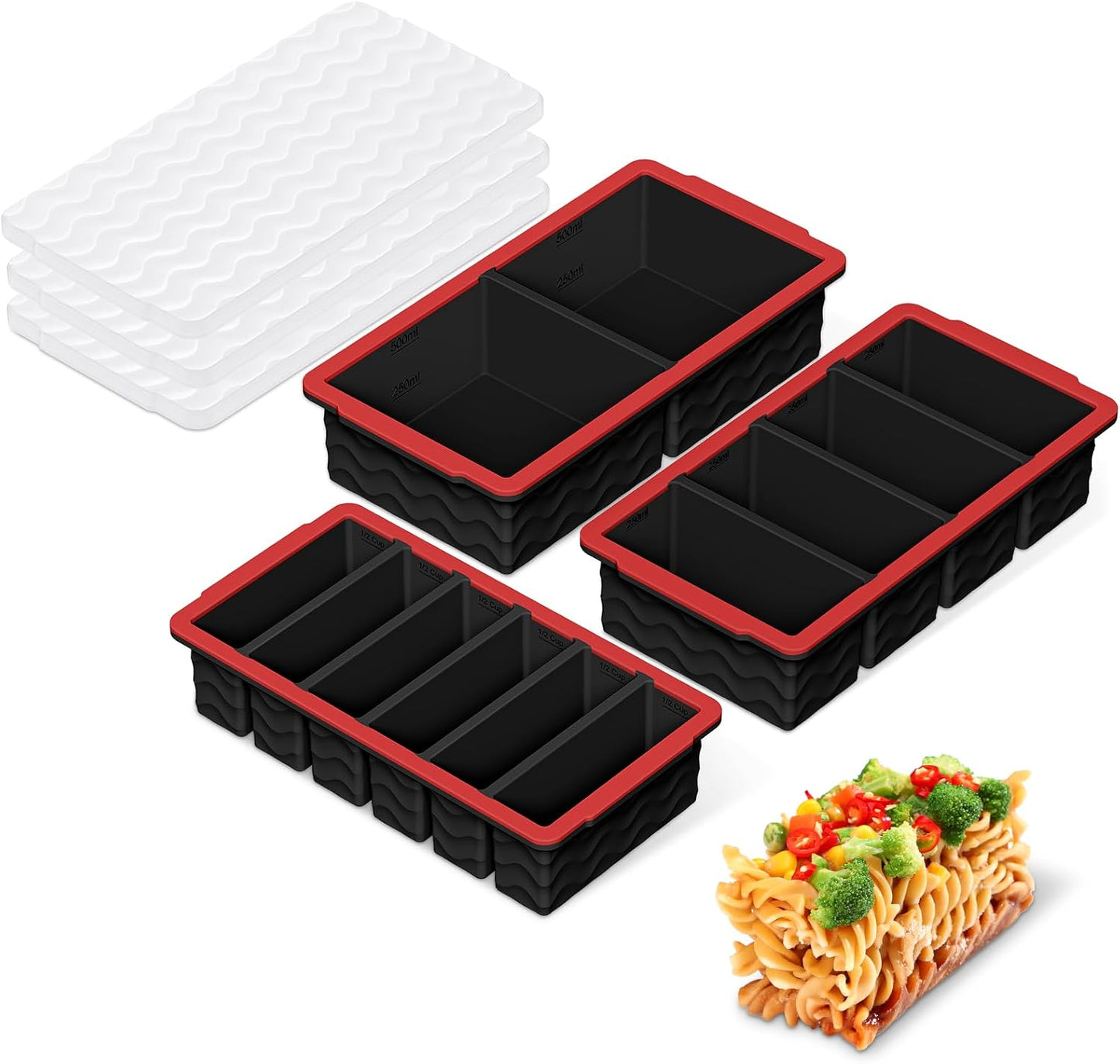 3-Pack Silicone Freezer Trays with Lid,2 Large 2-Cup(500ml)&4 Medium 1-Cup(250ml)&6 Small 1/2-Cup(125ml) Soup Freezer Container Molds,Ice Cube Tray For Meal Prep&Freezing Soup,Stews,Sauces