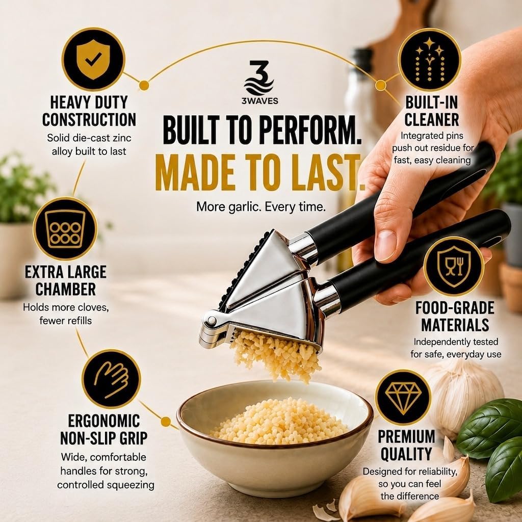 3WAVES Heavy-Duty Garlic Press, Built-In Cleaner, Ergonomic SoftGrip Handle