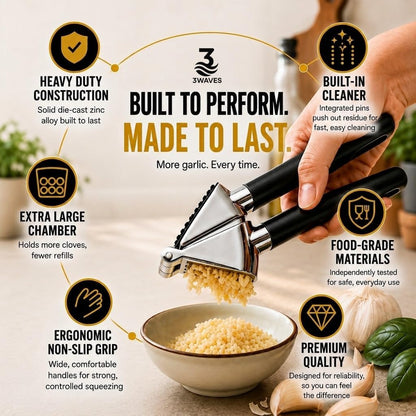 3WAVES Heavy-Duty Garlic Press, Built-In Cleaner, Ergonomic SoftGrip Handle