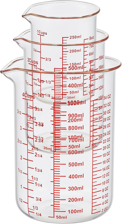 3 Piece Glass Measuring Cup Set, Includes 1/2-Cup, 1-Cup, and 2-Cup High Borosilicate Glasss Liquid Measuring Cups, Dishwasher, Freezer, Microwave, and Preheated Oven Safe, Essential Kitchen Tools