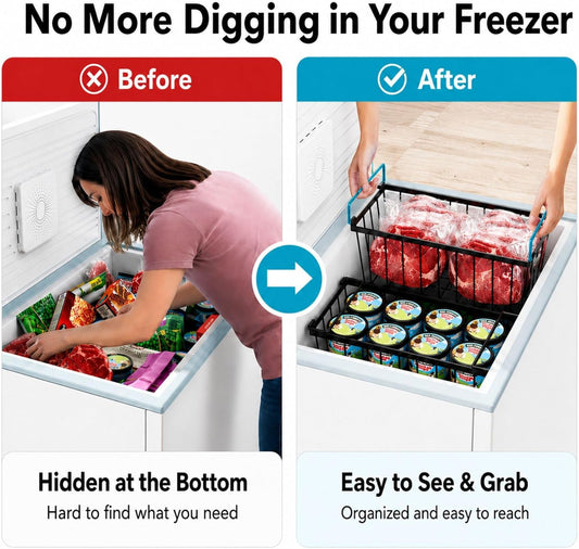 iSPECLE Deep Freezer Organizer Bins, 5 Pack Chest Freezer Baskets for 7 Cu.Ft, Stackable Wire Chest Freezer Organizer Bins for Small Food, Strong Metal with Handles for Meat and Veggies, Black
