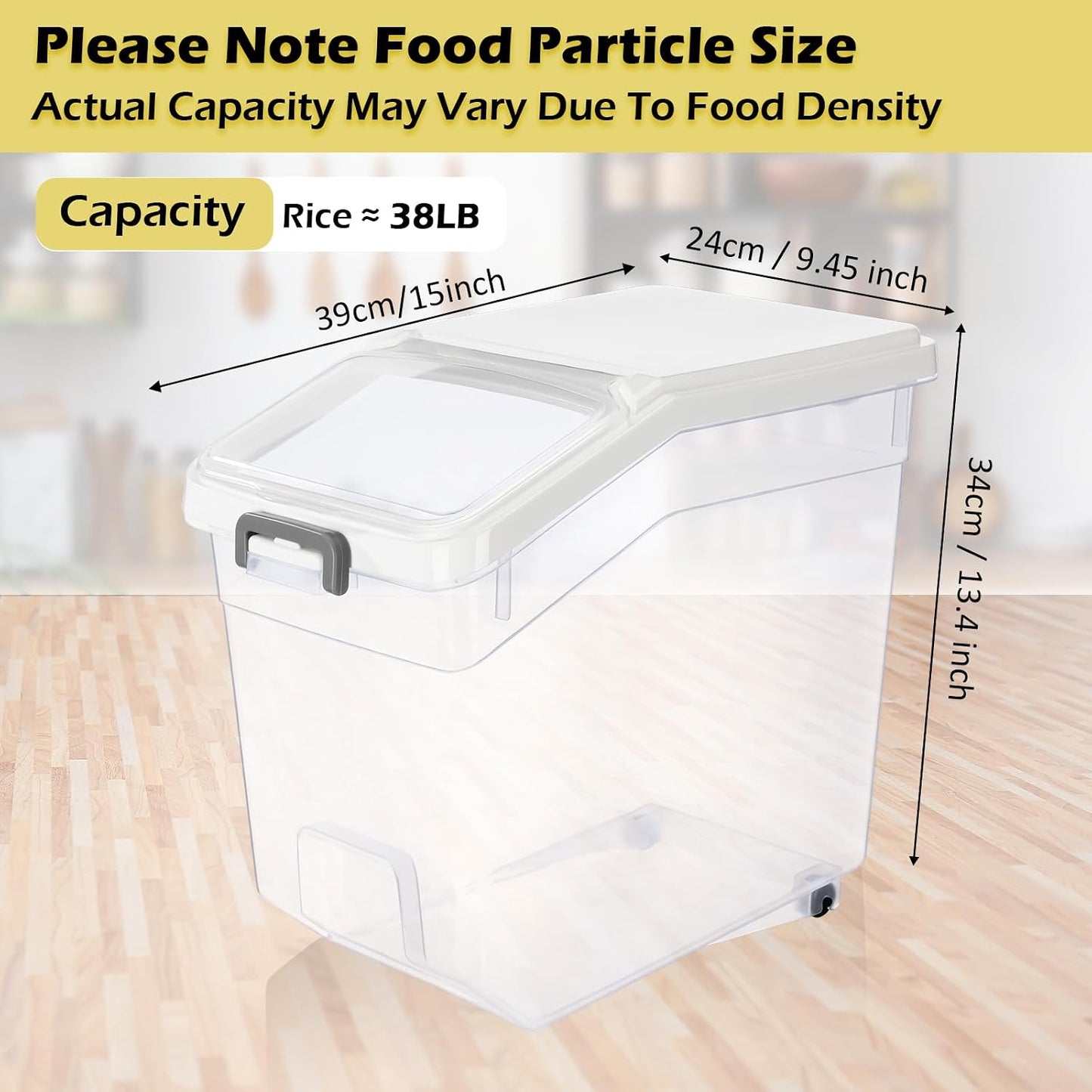 Sunnyray 4 Pcs Rice Storage Container 22 lb Airtight Flour Container with Wheels Measuring Cup Clear Pet Food Cube Dog Cat Birds Food Bin Grain Cereal Organizer Box for Dry Baking Supplies(White Lid)