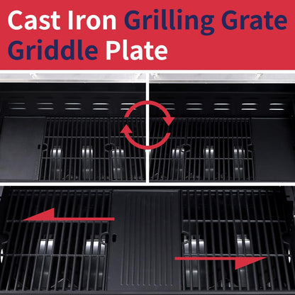 69,000 BTU 6+1 Burner Propane Gas Grill with Cast Iron Grids & Griddle Plate, Double-Wall Stainless Steel Lid – Even Heat, Easy Clean, Perfect for Backyard BBQ