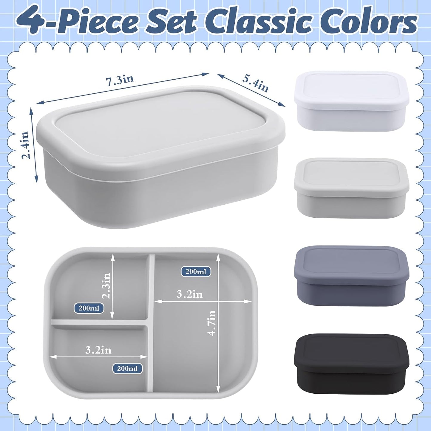 Honeydak 6 Pcs Silicone Bento Box Reusable Silicone Bento Lunch Container for Adults Microwave Dishwasher Freezer Safe 3 Compartment (Light Colors)