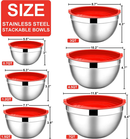E-far Mixing Bowls With Lids Sets of 5, 10-Piece Stainless Steel Salad Metal Nesting Bowl for Baking Cooking and Prepping, Airtight Lid & Stackable Design, Size 4.6, 3, 2.1, 1.5, 0.7 QT, Black