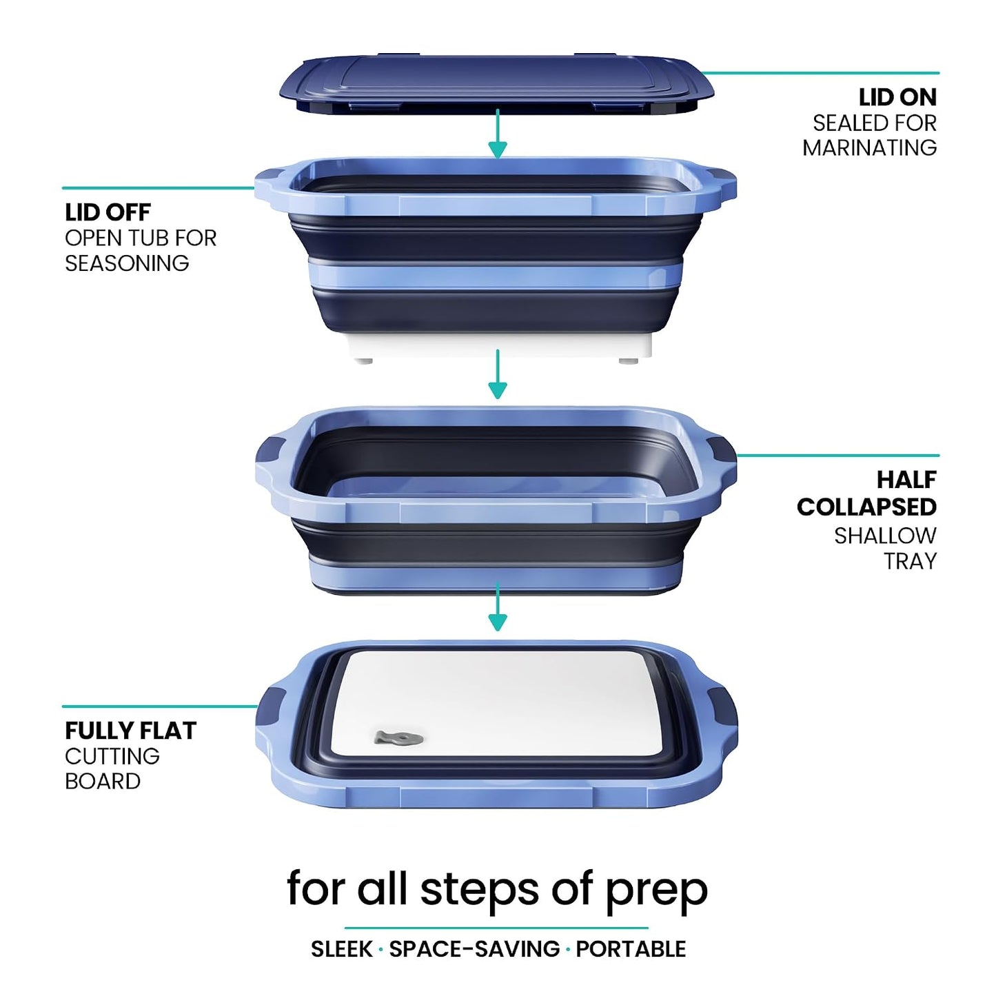 Collapsible BBQ Prep Tub with Lid and Drain Spout, 16L Portable Meat Marinating and Grilling Tray, Cutting Board Food Storage Container for Outdoor Cooking, Camping, Tailgating and Kitchen Prep