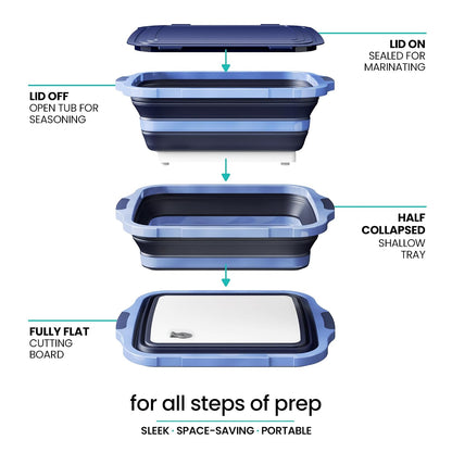 Collapsible BBQ Prep Tub with Lid and Drain Spout, 16L Portable Meat Marinating and Grilling Tray, Cutting Board Food Storage Container for Outdoor Cooking, Camping, Tailgating and Kitchen Prep