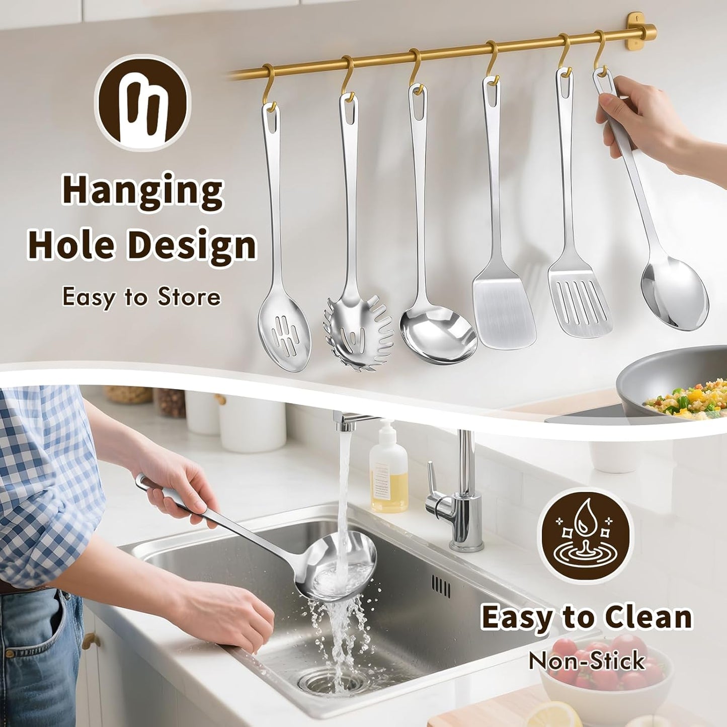 4 Pcs Cooking Utensils Set, Stainless Steel Kitchen Utensils, Heat Resistant Metal Kitchen Tools Include Solid & Slotted Turner Wok Spatula, Serving Spoon, Ergonomic Handle, Easy to Clean, Silver